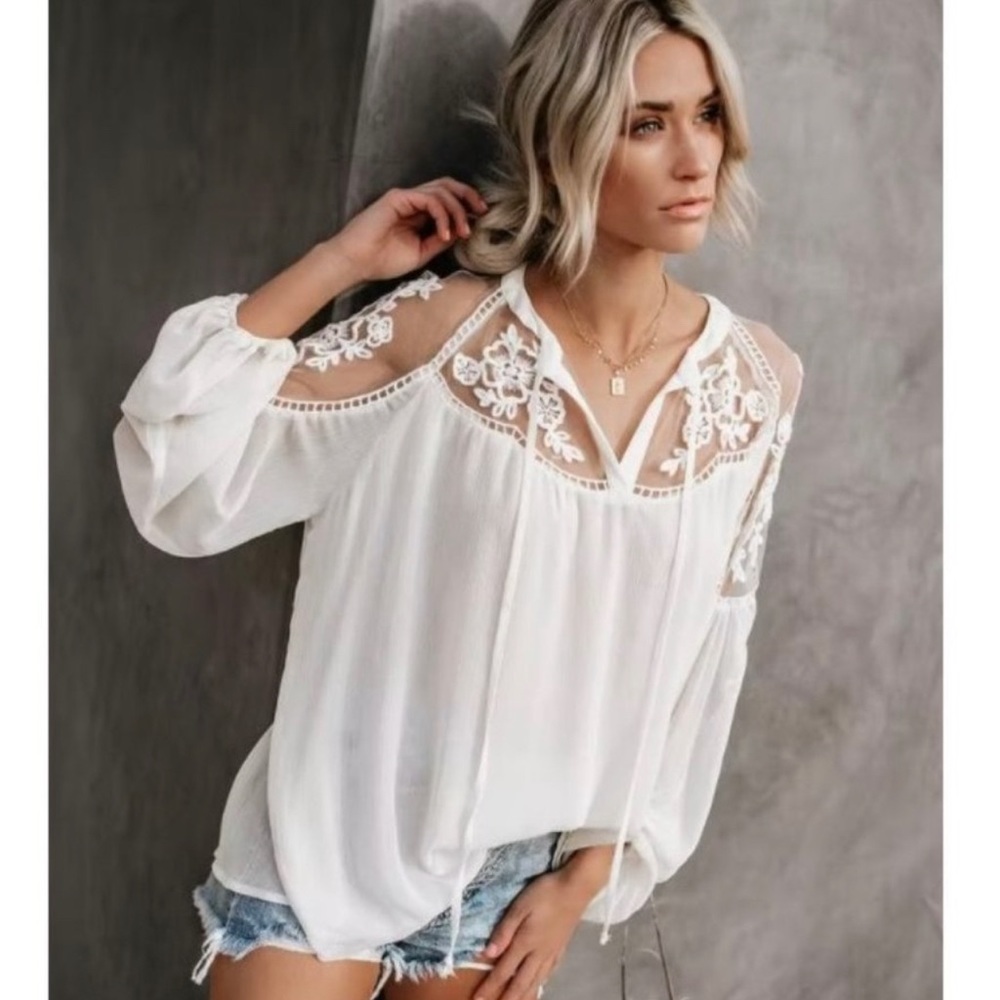 White Chiffon Blouse With Mesh And Lace